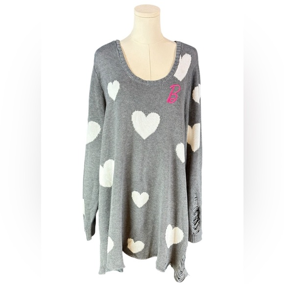 Torrid Barbie Crew Neck Gray Sweater w/ Distressing at Bottom & White Hearts (4) - Picture 1 of 4